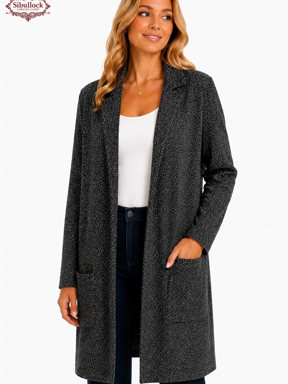 L13 Lucky Brand Longline Open Front Cardigan Black Gray Size Small